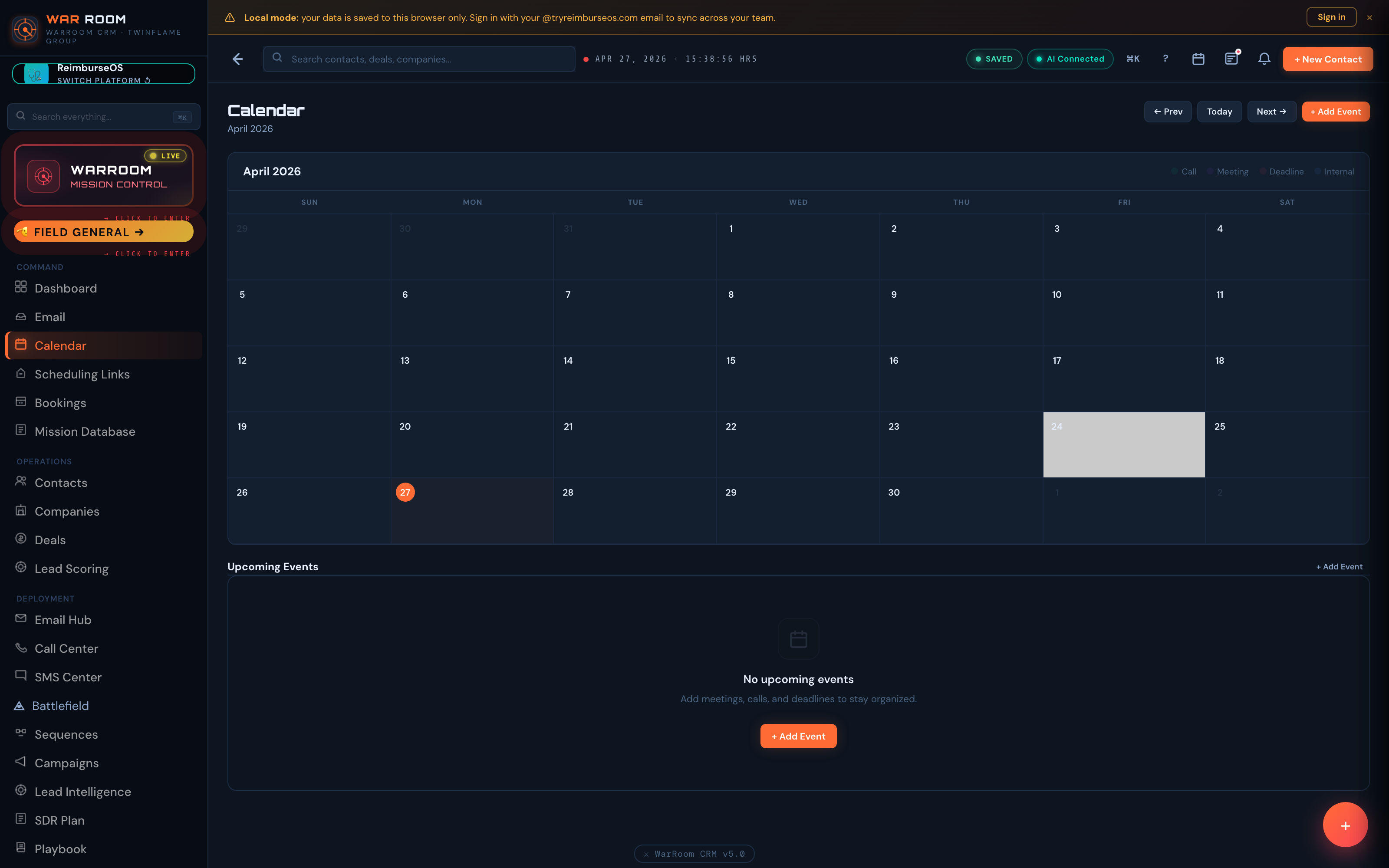 War Room CRM — Calendar